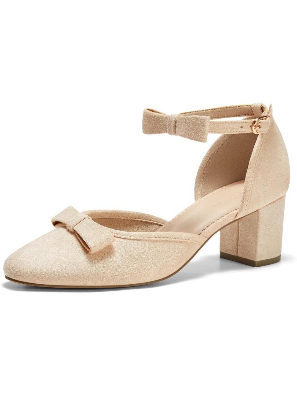 Women's Nude Chunky Low Heels Bow Closed Toe Ankle Strap Elegant Wedding Pumps